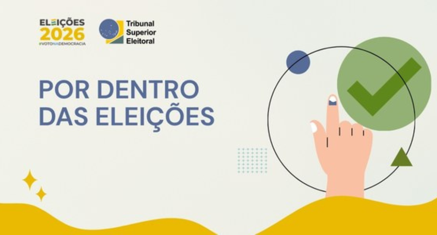 A imagem apresenta um material gráfico institucional relacionado às eleições. Na parte superior ...