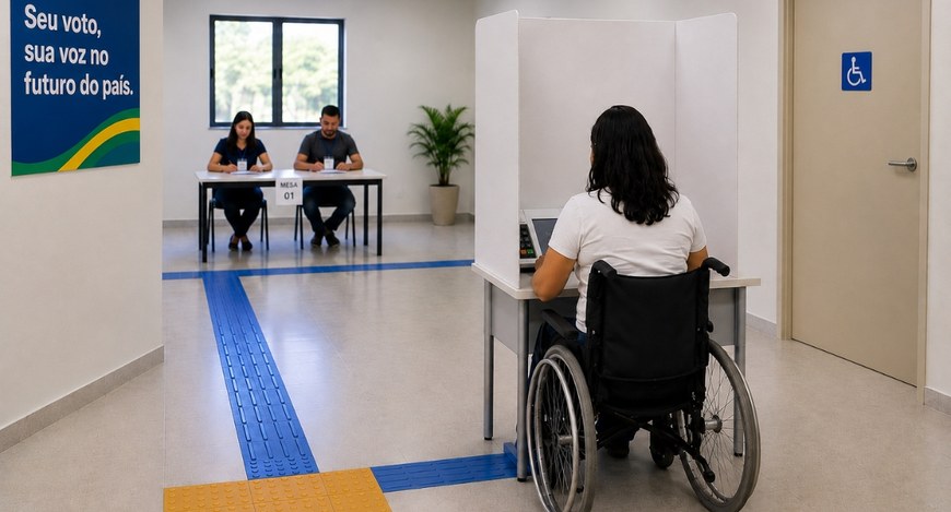 Na primeira imagem, em primeiro plano, uma pessoa em cadeira de rodas está posicionada diante de...
