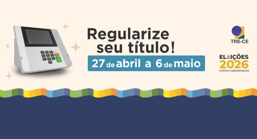 Em uma peça gráfica, à esquerda, há a imagem de um equipamento de votação. No centro, está o tex...