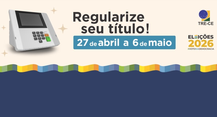 Em uma peça gráfica, à esquerda, há a imagem de um equipamento de votação. No centro, está o tex...