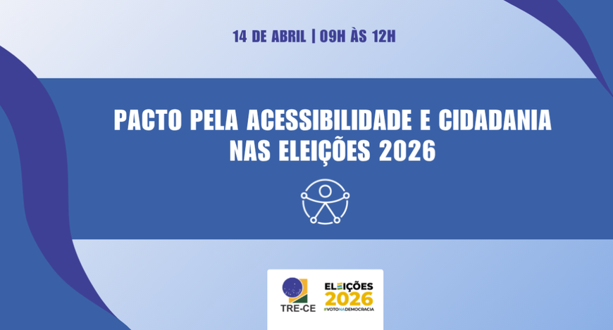 A imagem apresenta um cartaz institucional com fundo em tons de azul e elementos gráficos curvos...