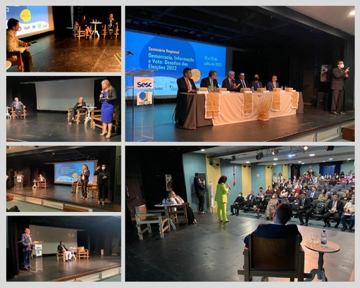 Montagem fotos seminário Cariri Montagem de seis fotos tiradas no Sesc Crato. No lado esquerdo, uma fileira vertical com quatro ...