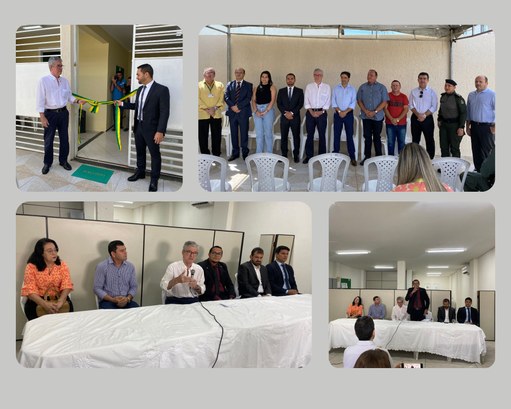 Presidente do TRE-CE inaugura novas sedes de cartório em São Benedito e Ipu Banner quadrado com fundo cinza com montagem de quatro fotos. Na parte superior esquerda, o dese...