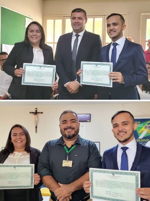 TRE-CE diplomação Palhano Montagem de duas fotos do evento. Na primeira, estão o juiz, ao centro, a eleita para vice-prefe...