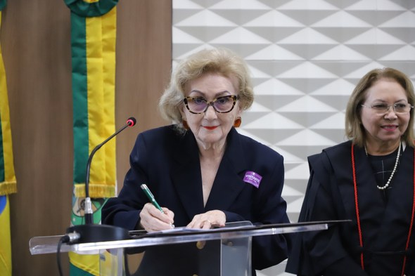 Na primeira foto, no auditório, um grupo de pessoas posa para foto diante de uma tela de projeçã...