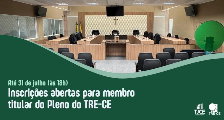 Abertas inscrições para membro titular do Pleno do TRE-CE, na categoria jurista A imagem mostra o plenário do TRE-CE, com fileiras de cadeiras pretas voltadas para a bancada em...