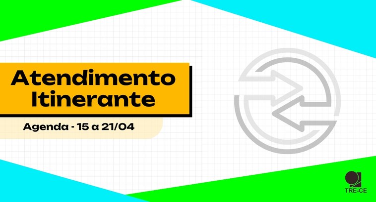 Agenda itinerante do TRE-CE - 15 a 21 de abril de 2024 Card retangular com fundo quadriculado branco. Nas partes superior e inferior do card, detalhes ...