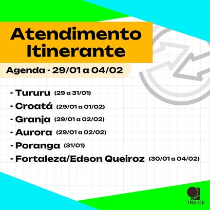 Agenda itinerante do TRE-CE - 29 de janeiro a 4 de fevereiro de 2024 Card quadrado com fundo quadriculado branco. Nas partes superior e inferior do card, detalhes tr...