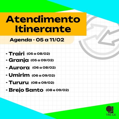 Agenda itinerante do TRE-CE - 5 a 11 de fevereiro de 2024 Card quadrado com fundo quadriculado branco. Nas partes superior e inferior do card, detalhes tr...