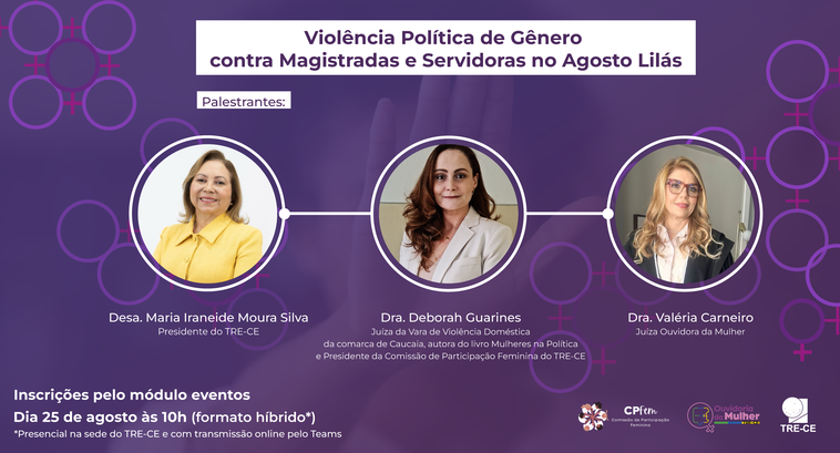 O card tem fundo roxo com símbolos referentes ao gênero feminino em diferentes tons. No centro, ...