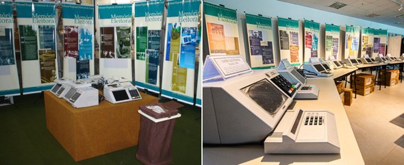 Montagem de duas fotos. No lado esquerdo, a primeira instalação do Centro de Memória. Nela, há b...