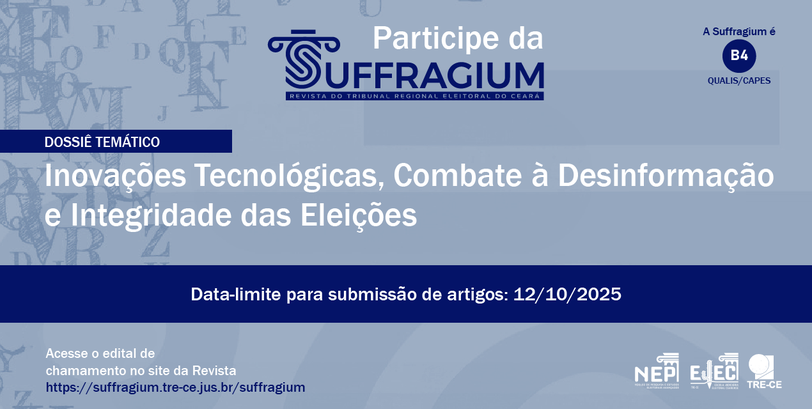 Chamada aberta para envio de artigos à revista Suffragium com foco em tecnologia e democracia A imagem tem fundo em tom azul claro, com letras e símbolos em cinza claro espalhados em segundo...