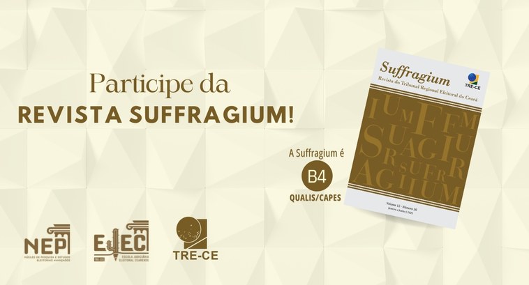 Chamada para submissão de trabalhos na revista Suffragium está aberta até 19 de maio Imagem retangular é um card gráfico de fundo amarelo, com efeito de profundidade. No lado esquer...
