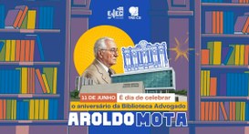 O fundo apresenta uma ilustração estilizada de estantes repletas de livros coloridos. No centro ...