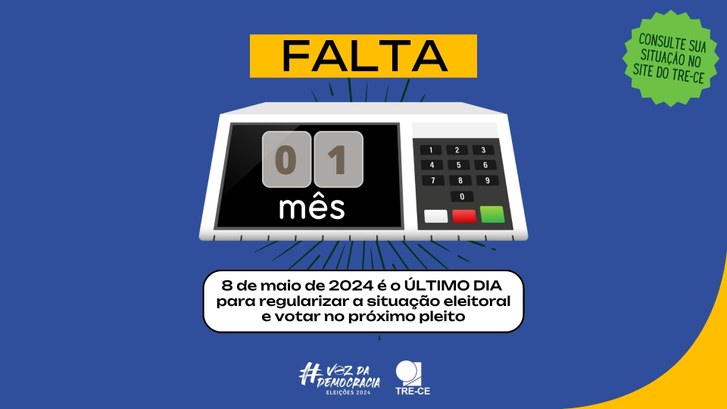 Contagem regressiva: título de eleitor(a) deve ser regularizado até 8 de maio para participação nas Eleições 2024 Banner no formato horizontal na cor azul. Em cima, na cor amarela, a palavra "falta". Ao centro,...