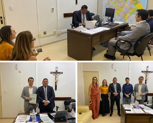 Montagem com três fotos tiradas no gabinete do corregedor, desembargador Raimundo Nonato. Na par...