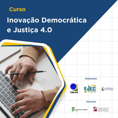 Curso Inovação Democrática e Justiça terá aulas presenciais em cinco municípios cearenses O card gráfico tem fundo branco quadriculado. No canto esquerdo, acima de um triângulo azul, est...
