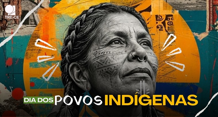 Em uma composição gráfica, ao centro, aparece o rosto de uma mulher com pinturas faciais e adorn...