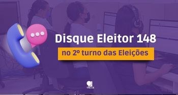Disque Eleitor 148 funcionará no final de semana do 2º turno Banner roxo. Ao centro, do lado esquerdo, telefone roxo e o desenho de caixa de diálogo rosa. Do...