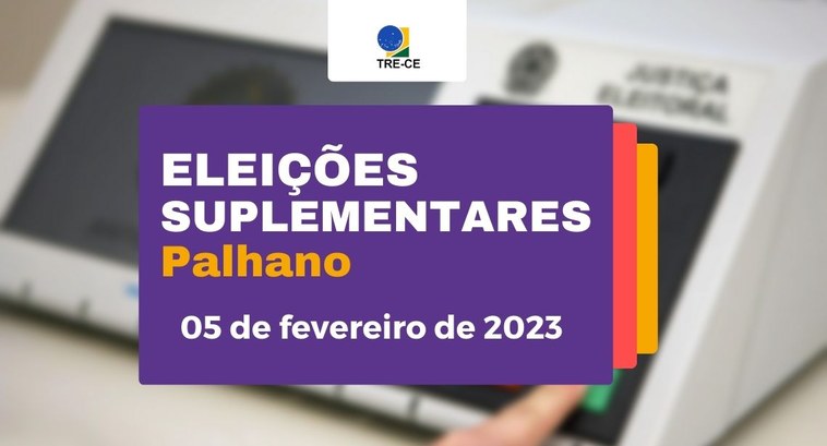 Eleições Palhano Banner retangular com a fotografia embaçada de uma urna eletrônica ao fundo. À esquerda, ao cent...