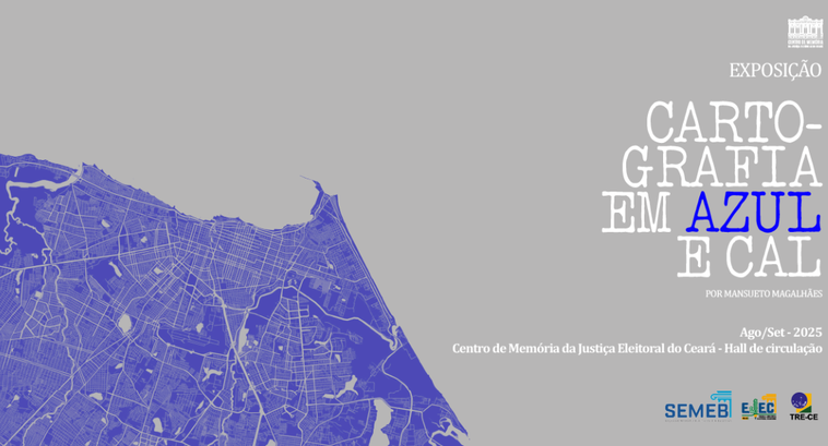 A imagem é um banner de divulgação da exposição. Do lado esquerdo, há um mapa urbano na cor azul...