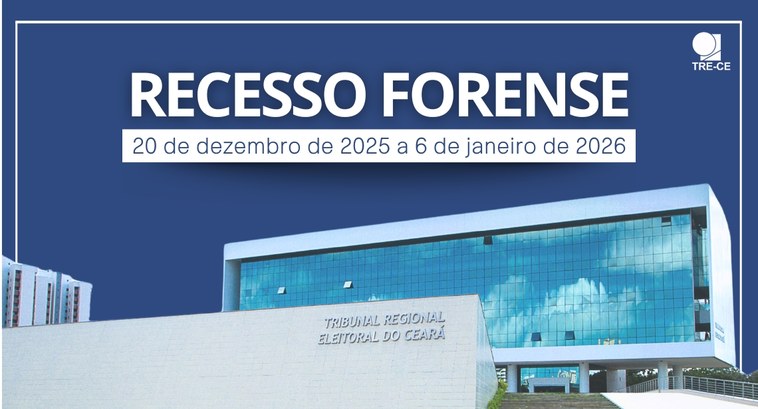 A imagem é um card institucional com fundo azul. No centro superior, há o texto “RECESSO FORENSE...