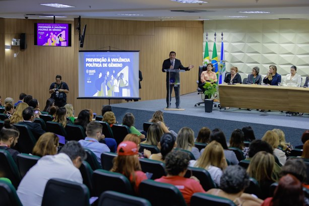 Membros da Comissão Interinstitucional de Prevenção à Violência Política de Gênero tomam posse Na foto, em primeiro plano, há pessoas sentadas em cadeiras enfileiradas de frente para o palco....