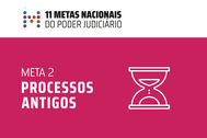 O card gráfico tem fundo rosa e branco. No topo dele, há o título "11 metas do Poder Judiciário"...