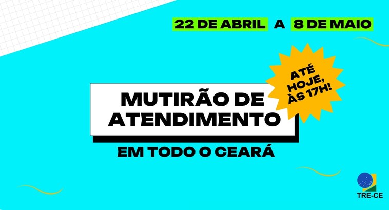 Mutirão do TRE-CE ocorre em todo o Estado até as 17h de hoje (8); em Fortaleza, serviços estão disponíveis em seis locais A imagem é um card gráfico de fundo dividido entre branco quadriculado e azul. No canto superior...