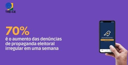 Número de denúncias de propaganda irregular aumenta 70% em uma semana Banner horizontal de fundo roxo. No lado esquerdo, a porcentagem: 70%, em letras amarelas, segui...
