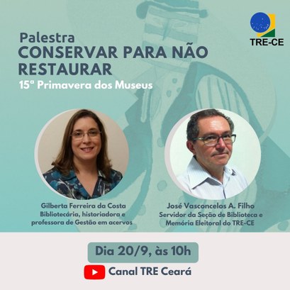 palestra "Conservar para não restaurar" Card da palestra "Conservar para não restaurar". Descrição no texto.