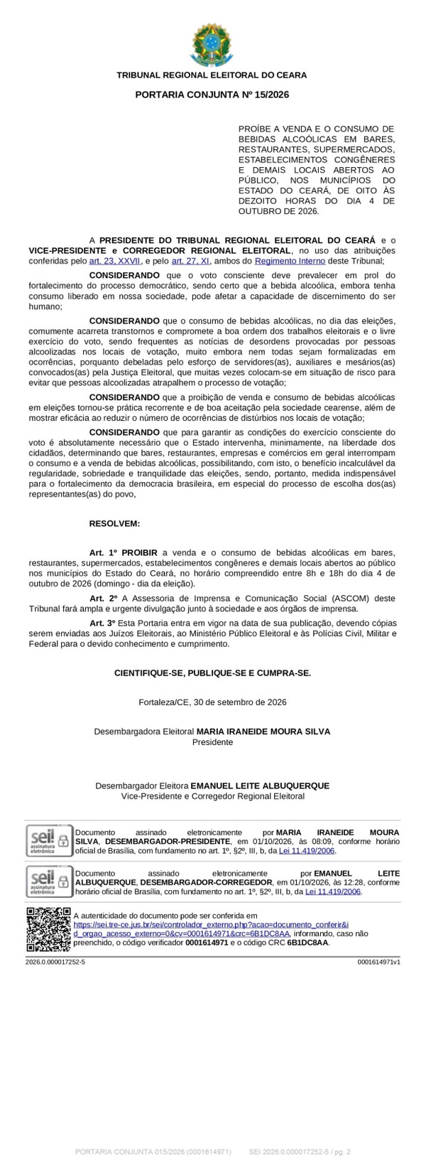 Portaria do TRE-CE proíbe venda e consumo de bebidas alcoólicas neste domingo de eleições, dia 4