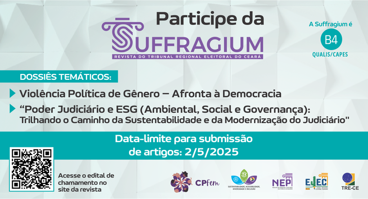 Revista Suffragium estende prazo para submissão de trabalhos científicos sobre violência política de gênero e ESG no judiciário Card gráfico de fundo cinza. Nele, há os textos, variando entre preto, verde e lilás: "Participe...
