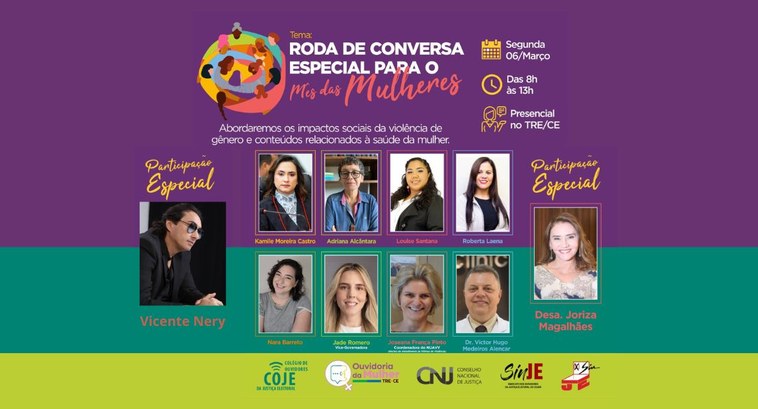 Roda de conversa 3 Banner horizontal de fundo roxo e verde escuro e verde claro. Na parte superior, sobre retângulo...