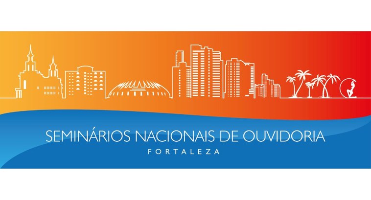 Seminários Nacionais de Ouvidoria 2023 Banner horizontal de fundo laranja. No banner, ilustração formada por contornos de lugares de Fo...