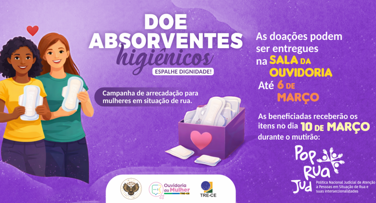 A imagem é um cartaz informativo sobre a campanha de arrecadação de absorventes higiênicos. No l...