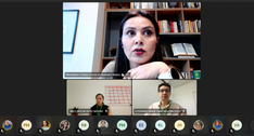 A imagem mostra uma captura de tela de uma reunião realizada por videoconferência. A tela está d...
