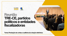 A imagem é uma peça gráfica do TRE-CE, com fundo branco e elementos em amarelo e preto. Na parte...