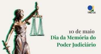 Banner retangular com fundo branco. No lado esquerdo, a estátua da deusa da Justiça, que tem os ...