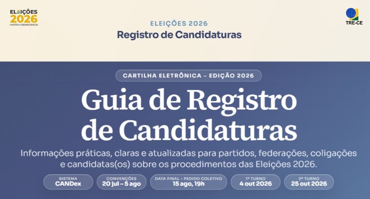 Na parte superior, aparecem as marcas “Eleições 2026 – #VotoNaDemocracia” e do TRE-CE. Ao centro...
