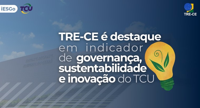 TRE-CE é destaque no iESGo 2024 com liderança em práticas de sustentabilidade Card gráfico de fundo azul gradiente e, abaixo, uma foto da sede do TRE-CE. No lado esquerdo, as...