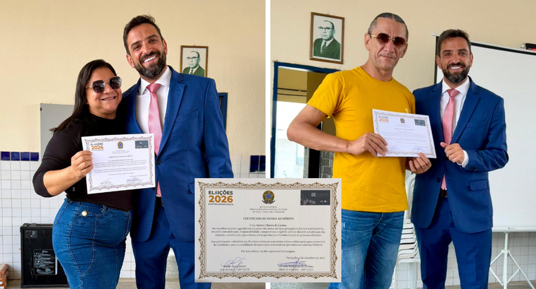 Montagem com duas fotografias de entrega de certificados e, na parte inferior central, uma ampli...