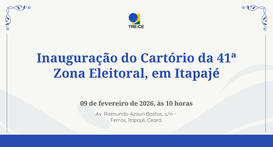 Card gráfico de fundo branco com detalhes ondulados em azul. Ao centro, há o texto: "Inauguração...