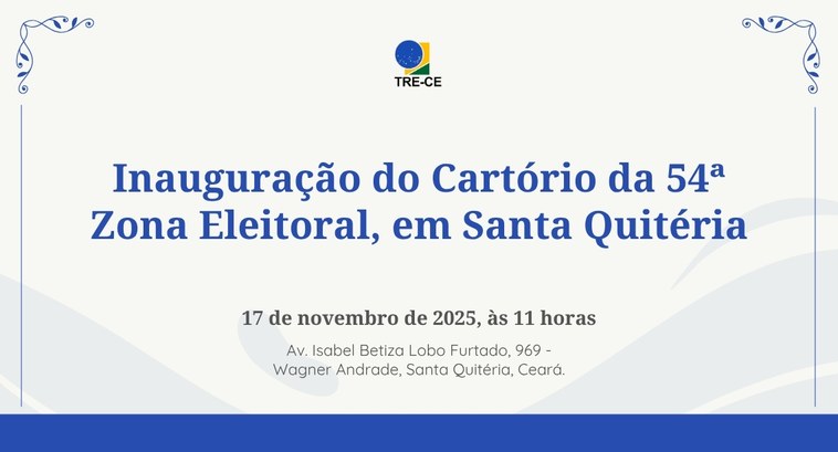 Card gráfico de fundo branco com detalhes ondulados em azul. Ao centro, há o texto: "Inauguração...