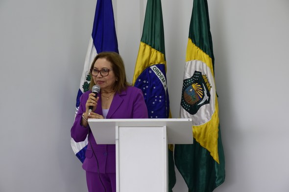 Na foto, a presidente do TRE-CE aparece atrás de um púlpito branco, segurando um microfone enqua...