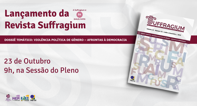 A imagem é um banner digital de divulgação do lançamento da Revista Suffragium. No lado esquerdo...