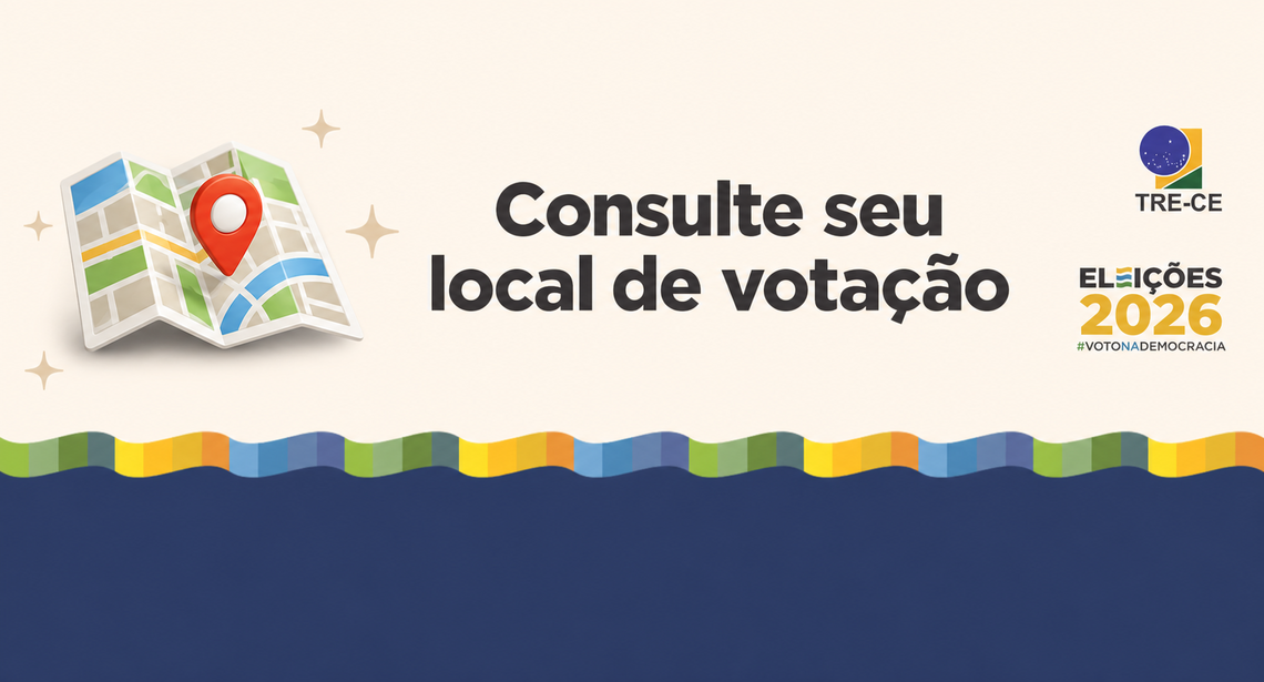 Arte do TRE-CE com mapa, marcador de localização e a orientação Consulte seu local de votação.