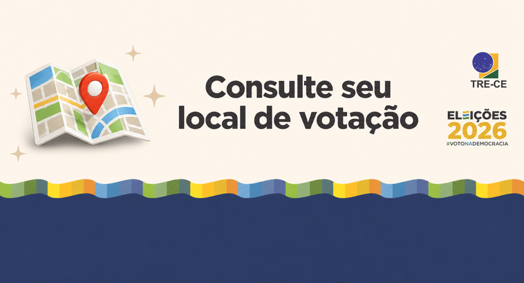 Imagem institucional do TRE-CE em fundo bege. À esquerda, há a ilustração de um mapa dobrado, co...