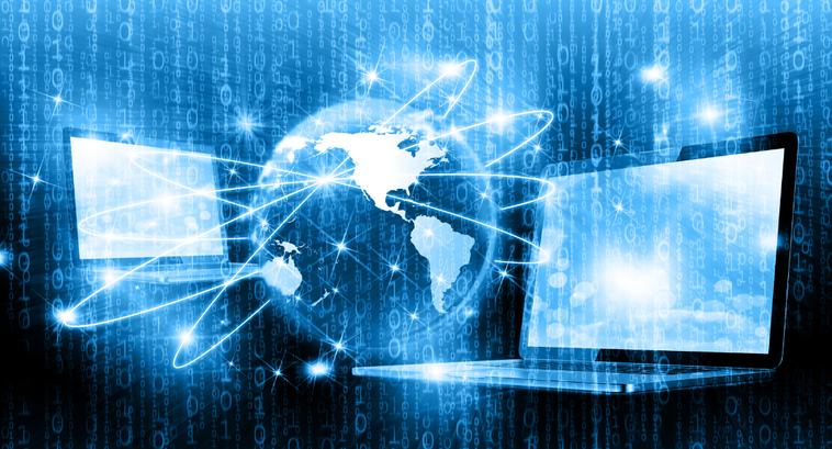 Imagem horizontal, em tons de azul, representa uma rede de comunicação digital. Ao centro, há a ...