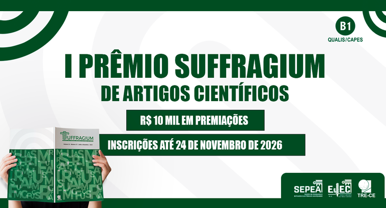 Card de divulgação com fundo branco, formas geométricas em cinza-claro e detalhes em verde-escur...